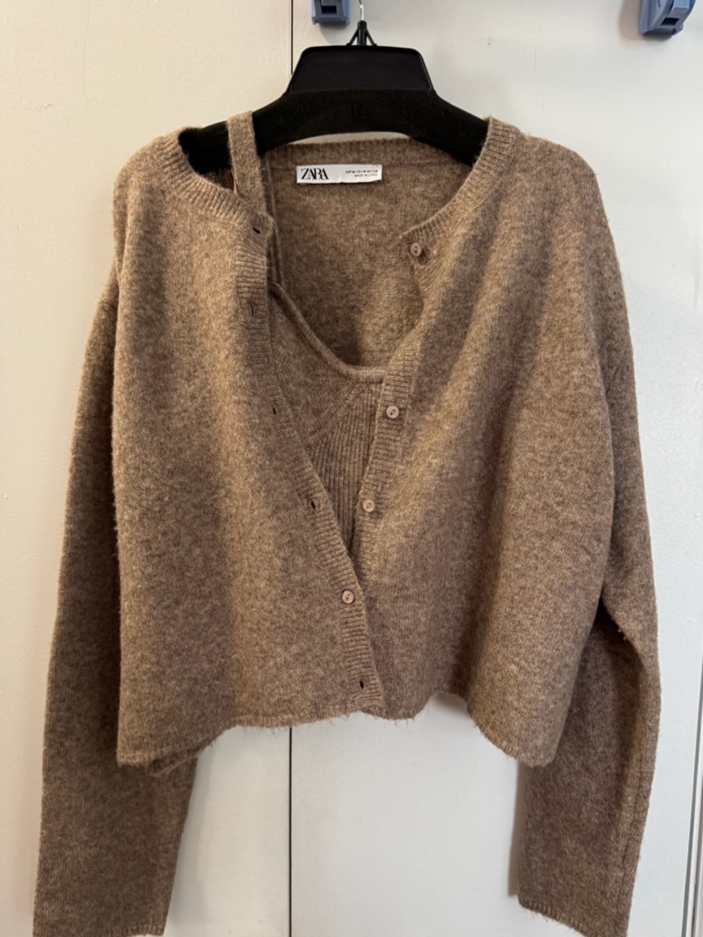 Zara Taupe Cropped Button Cardigan Set